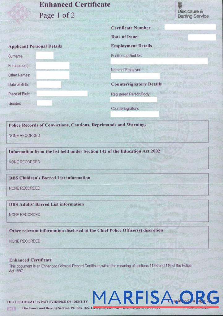 Downloadable United Kingdom Disclosure and Barring Service (DBS) certificate real example